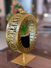 Golden Metal Frame with Bird Accent & Ceramic Cactus Plant – Elegant Table Decor- home decor & office decor