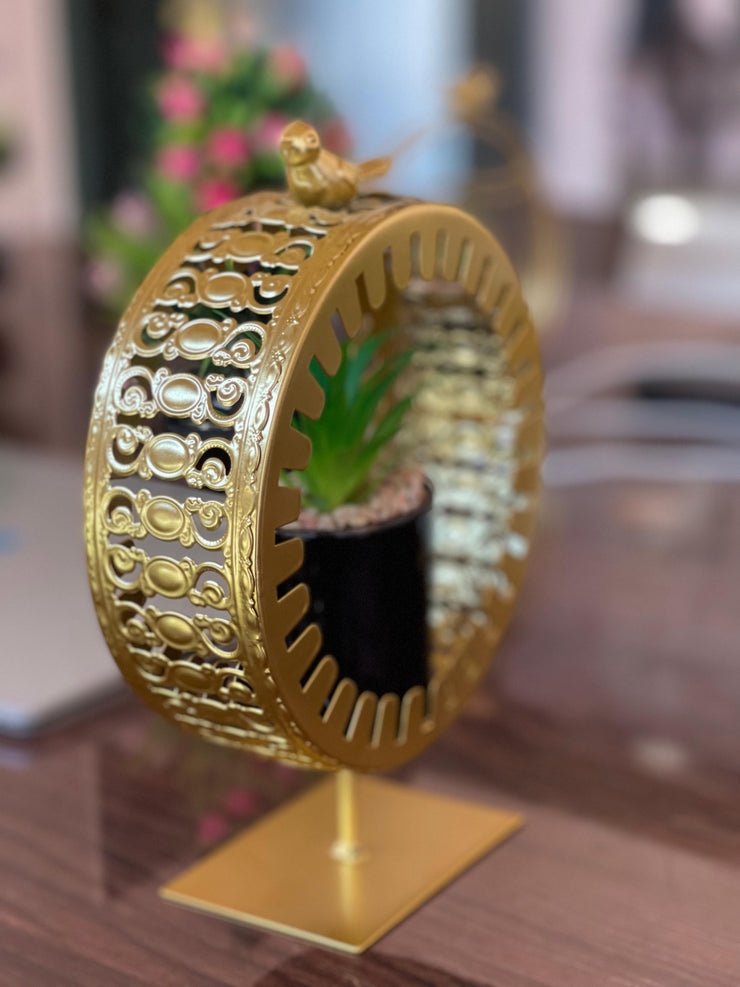 Golden Metal Frame with Bird Accent & Ceramic Cactus Plant – Elegant Table Decor- home decor & office decor