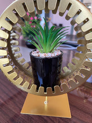 Golden Metal Frame with Bird Accent & Ceramic Cactus Plant – Elegant Table Decor- home decor & office decor
