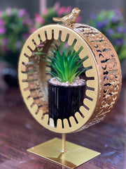 Golden Metal Frame with Bird Accent & Ceramic Cactus Plant – Elegant Table Decor- home decor & office decor