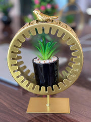 Golden Metal Frame with Bird Accent & Ceramic Cactus Plant – Elegant Table Decor- home decor & office decor