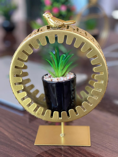 Golden Metal Frame with Bird Accent & Ceramic Cactus Plant – Elegant Table Decor- home decor & office decor