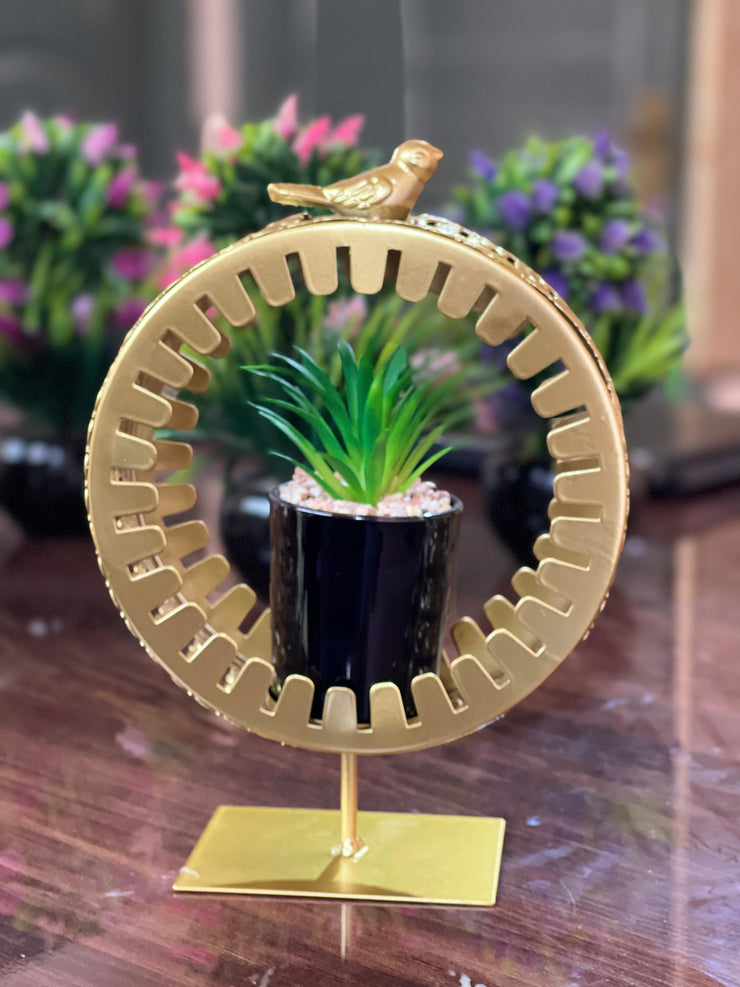 Golden Metal Frame with Bird Accent & Ceramic Cactus Plant – Elegant Table Decor- home decor & office decor