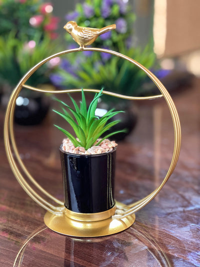 Metal Frame with Bird Accent & Ceramic Plant - Golden frame plant holder for home decor - Bird accent tabletop decor