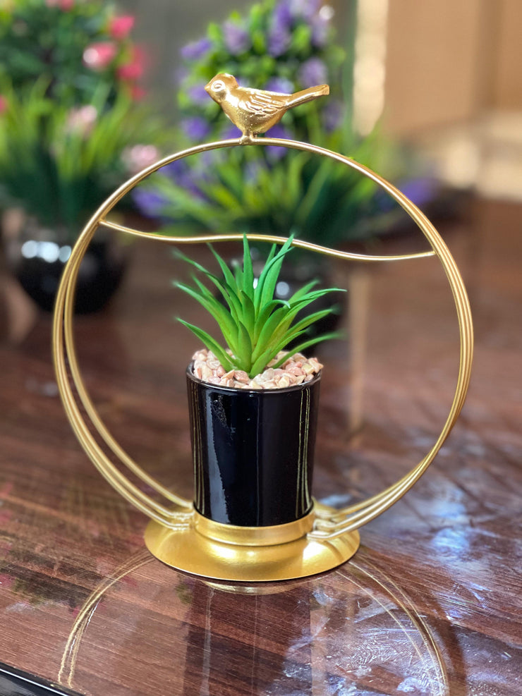 Metal Frame with Bird Accent & Ceramic Plant - Golden frame plant holder for home decor - Bird accent tabletop decor