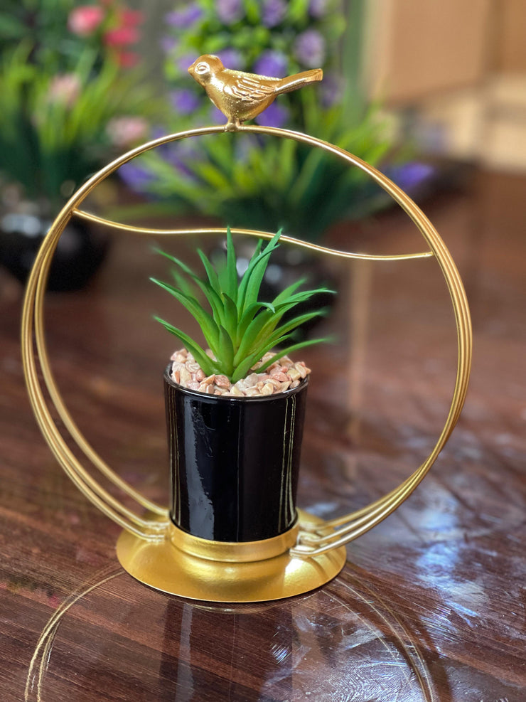Metal Frame with Bird Accent & Ceramic Plant - Golden frame plant holder for home decor - Bird accent tabletop decor