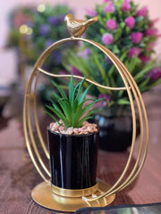 Metal Frame with Bird Accent & Ceramic Plant - Golden frame plant holder for home decor - Bird accent tabletop decor