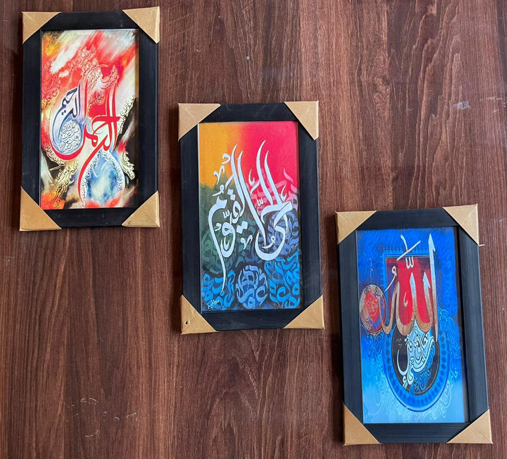 Set of 3 islamic calligraphy wall art sticky wooden canvas frames for home decore front glass